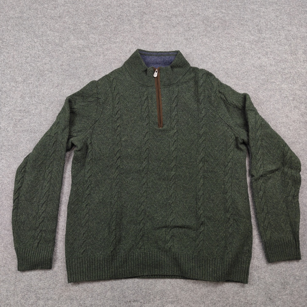Jos A. Bank Reserve Sweater Mens Medium Green Mock Neck 1/4 Zip Cable-Knit